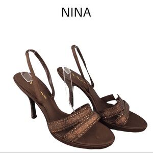 Nina sz 9.5 brown satin heels with crystals blingy